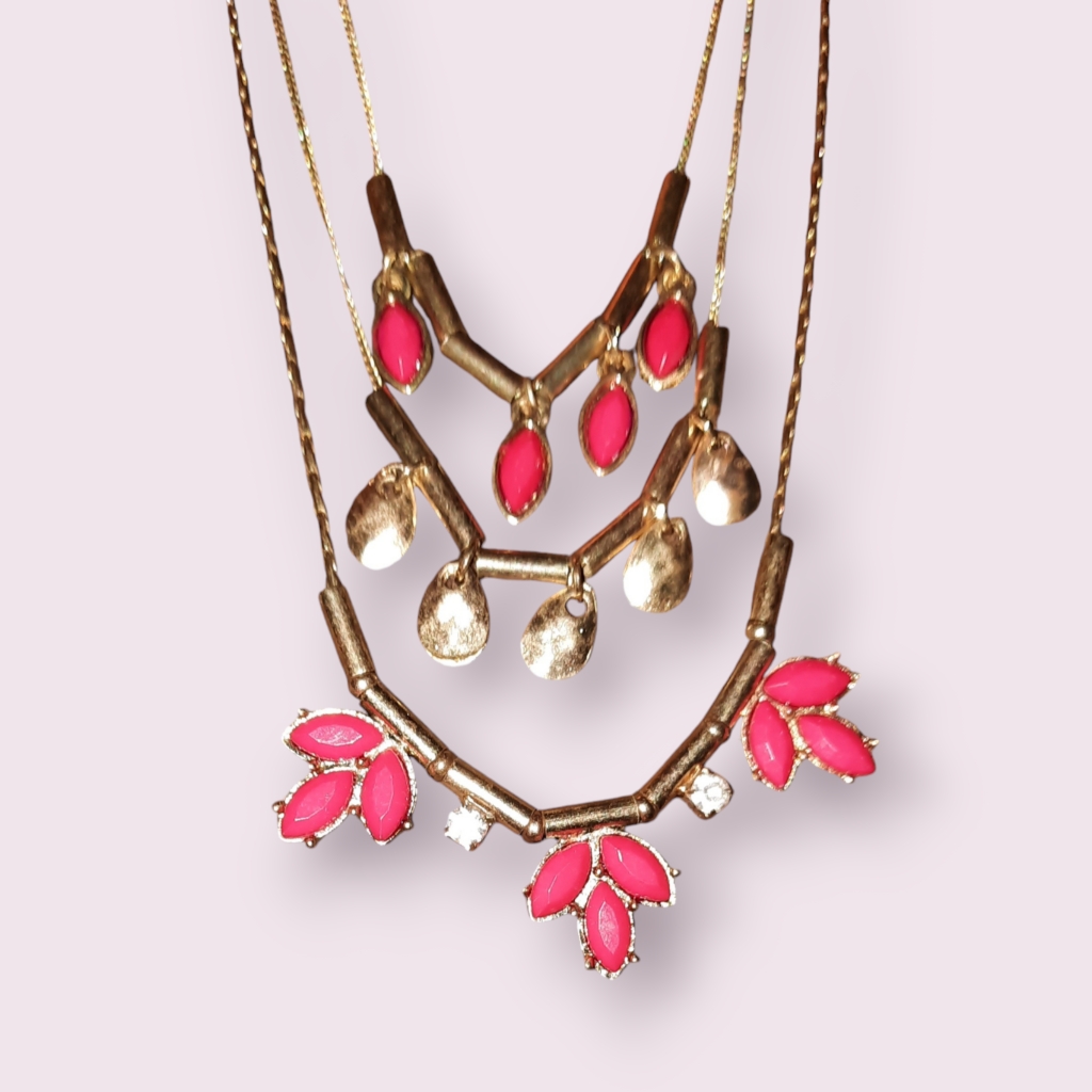 Multistrand Ny Bright Pink Goldtone Layered Necklace Adjustable Length 18$